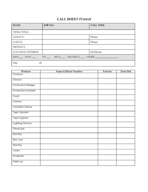 Call Sheet For Video Shoot Legal Forms And Business Templates