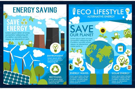 Vector Posters For Green Energy Or Ecology Saving ~ Illustrations