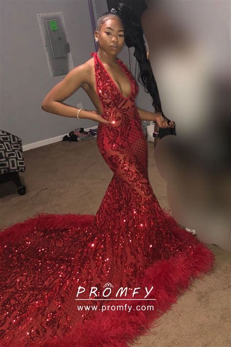 Sparkly Red Sequin Halter V Neck Mermaid Prom Dress With Feather Long