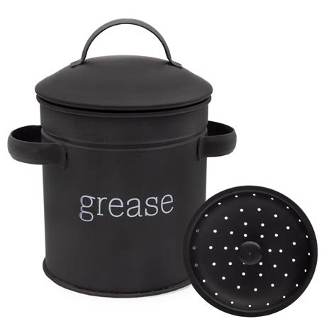 Auldhome Enamelware Grease Container With Strainer Black Farmhouse