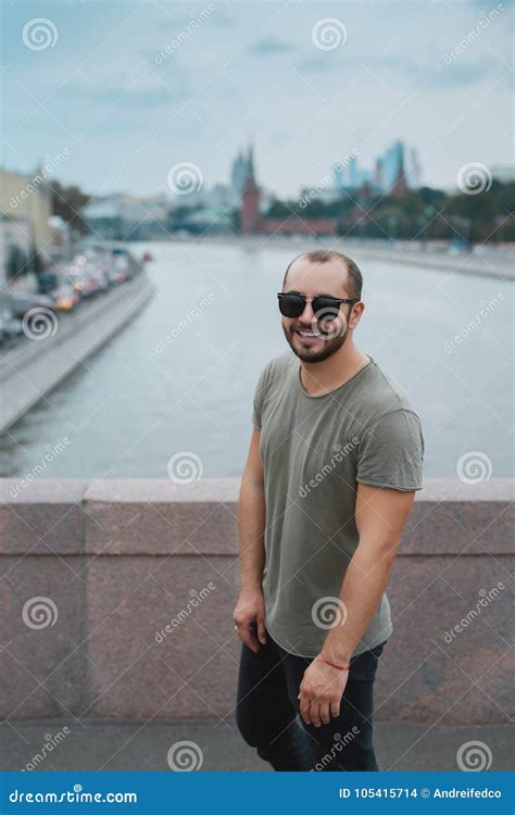Happy Hipster Man On The Moscow City Background Russia Moscow Moskva