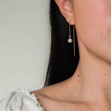 Dainty Pearl Threader Earrings Gold Filled Threaders Pearl Etsy