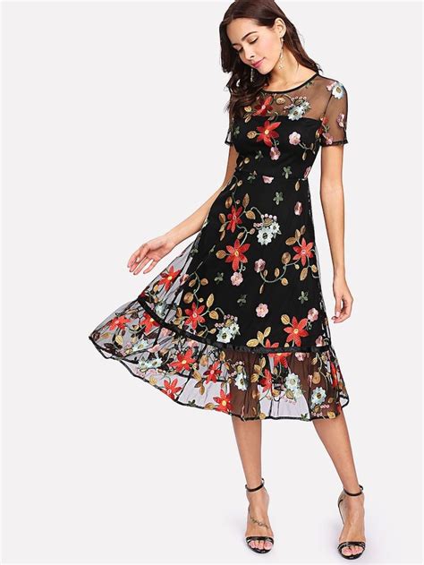 Botanical Embroidery Mesh Overlay Ruffle Hem Dress Floral Embroidered