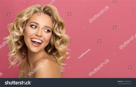 Blonde Woman Curly Beautiful Hair Smiling Stock Photo 730048510