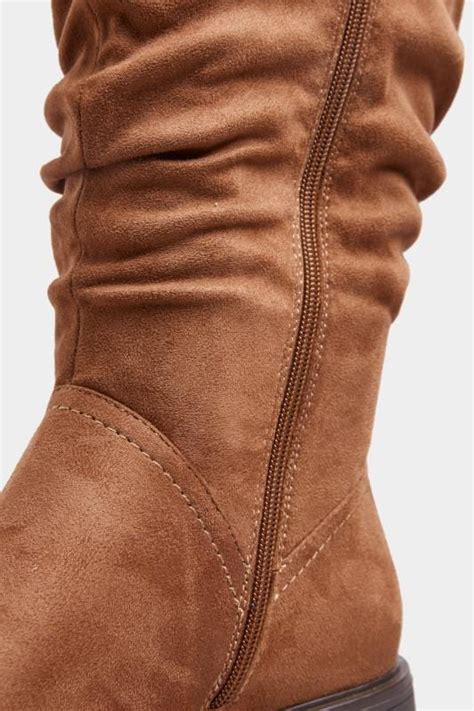 tan suedette ruched knee high boots in extra wide fit yours clothing