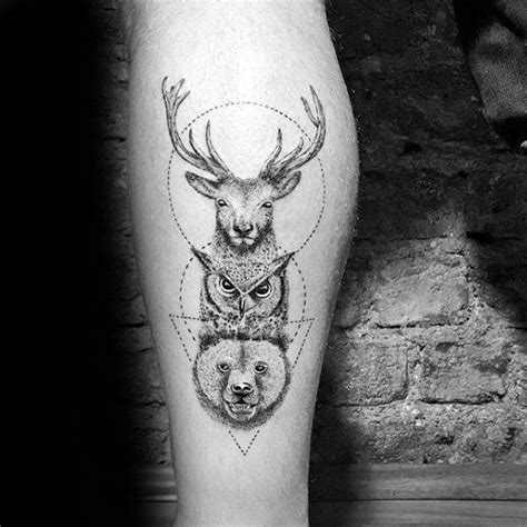 Artistic Male Geometric Animals Deer Owl And Bear Leg Tattoo Ideas