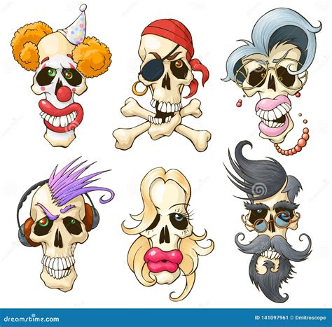 Set Of Funny Skulls Different Cartoon Characters Stock Vector