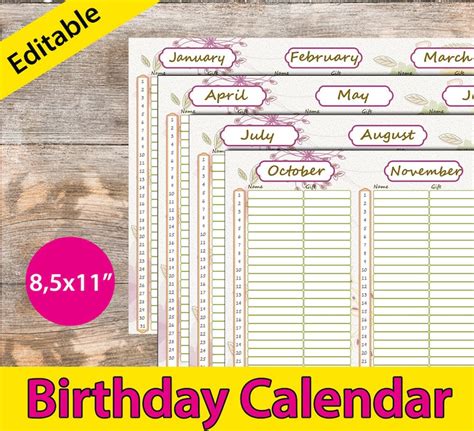Perpetual Calendar Pdf Birthday Calendar Editable Birthday Etsy