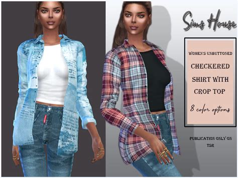 The Sims Resource Womens Unbuttoned Checkered Shirt With Crop Top