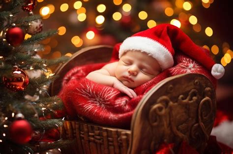 Premium Photo A Newborn Baby In A Santa Hat Sleeps In A Wicker Cradle