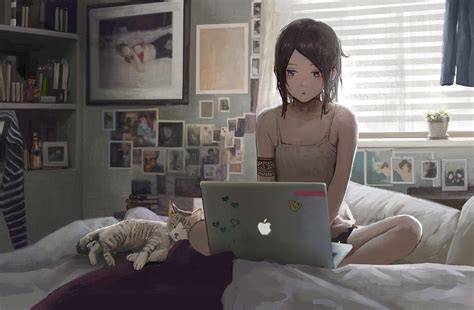 Women Anime Girls Brunette Cats Mac Book Bed Digital Art Artwork