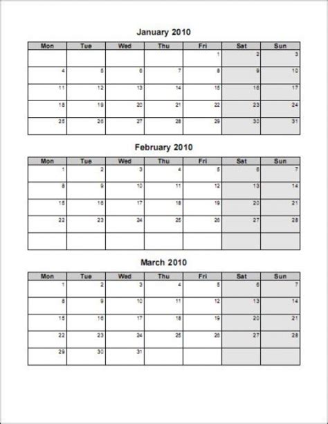 Three Month Single Page Calendar