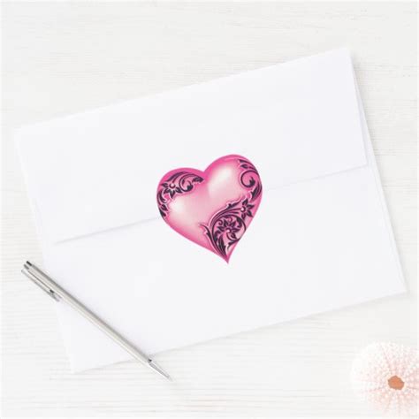 heart scroll light hot pink w black heart sticker zazzle