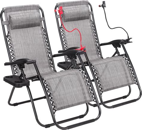 Set Of 2 Zero Gravity Outdoor Lounge Chairs Wcup Holder With Mobile Device Slot