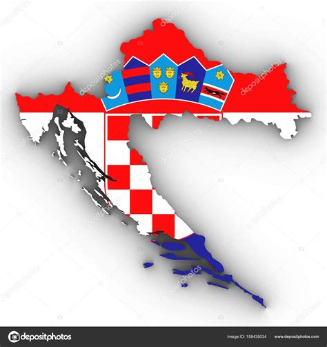 Croatia Map Outline with Croatian Flag on White with Shadows 3D