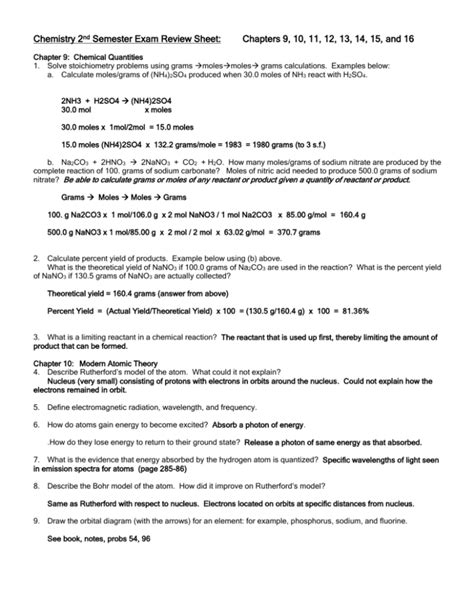 Chemistry Nd Semester Exam Review Sheet