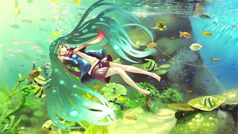 Wallpaper Swimming Girl Water Fish Hair Vocaloid
