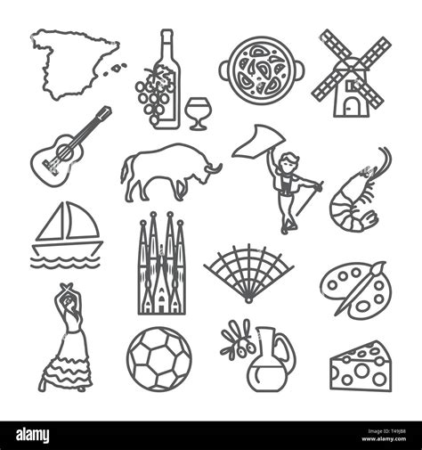 España Iconos De Línea Símbolos Y Objetos Tradicional Español Imagen