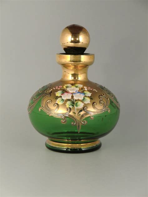 Bohemian Czech Gold High Enamel Green Glass Perfume Bottle Perfume Bottles Glass Perfume