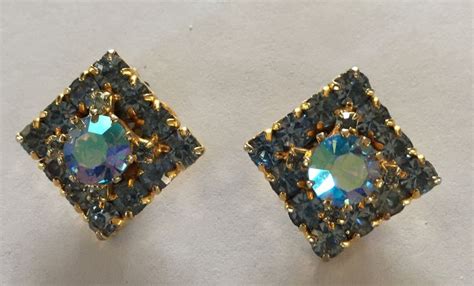 60s Square Light Blue Rhinestones Clip Earrings Vintage Etsy Canada