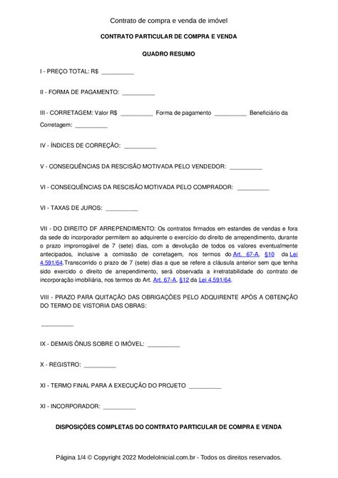 Documento Contrato De Compra E Venda De Imovel Simples Word Free