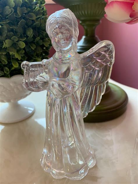 Vintage Iridescent Crystal Angel Figurine Playing Harp Etsy