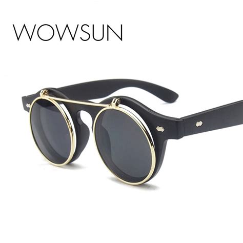 wowsun round sunglasses women vintage punk steam flip sun glasses men 2018 brand designer
