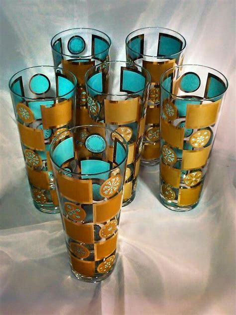 vintage drinking glasses with gold and turquoise color inside and outside the glass vintage
