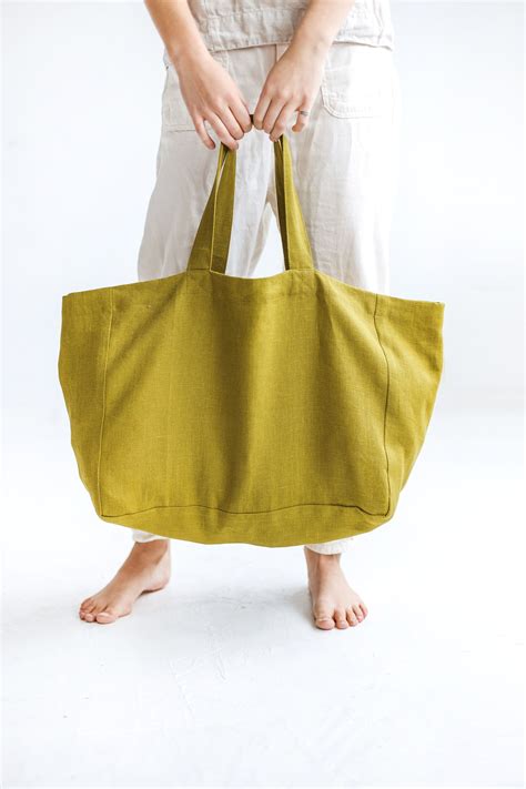 Linen Beach Bag In Olive Green Large Linen Bag With Lining Etsy