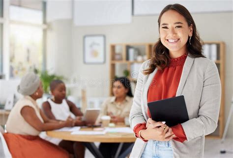 Happy Asian Woman With Tablet Portrait And Leadership Presentation