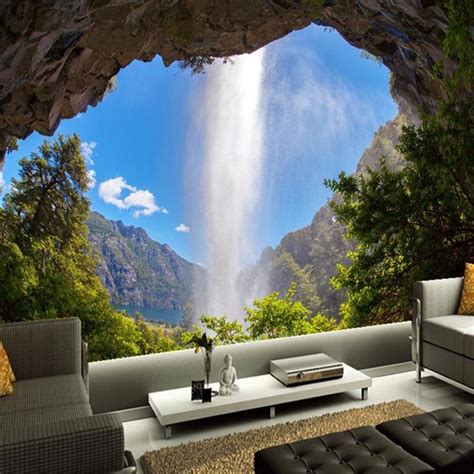 Custom 3d Photo Wallpaper Cave Waterfall Natural Landscape