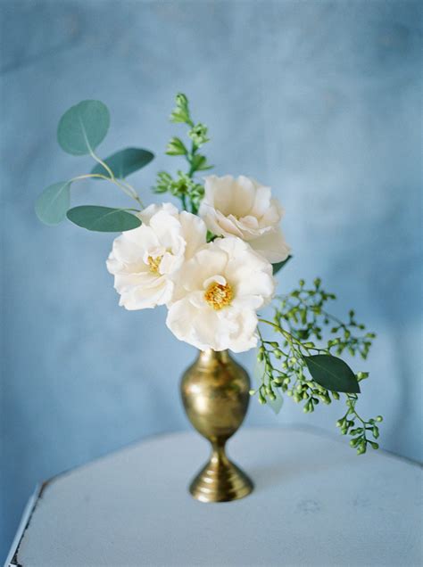 Bud Vase Arrangement In Brass Vase Majolica Spray Rose And Eucalyptus