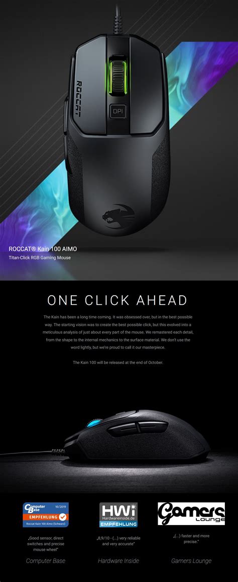 The kain 100 aimo gaming mouse is an rgb gaming mouse that features titan click technology. Buy Roccat Kain 100 AIMO RGB Gaming Mouse Black ROC-11-610-BK | PC Case Gear Australia