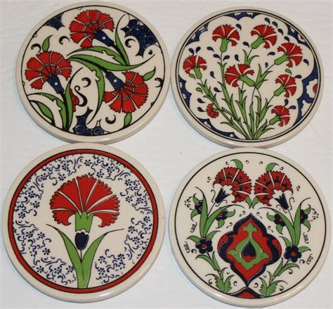 Set Of 4 Turkish Ottoman Iznik Red Carnation Pattern 4 Ceramic