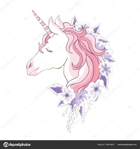 Unicorn Vector Head With Mane And Horn On Floral Background Stock