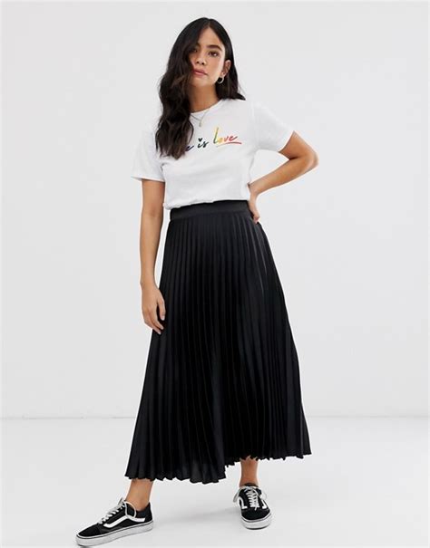 New Look Satin Pleated Midi Skirt In Black Asos