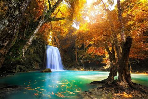Waterfalls Autumn Beautiful Forest Turquoise Water Trees Thailand
