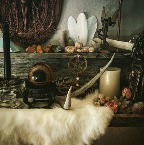 Beautiful Rustic Pagan Altar With A White Fur And Antlers Witch Decor