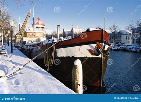 Sunny Harbour With Iron Ship In Winter Snow Stock Image Image Of