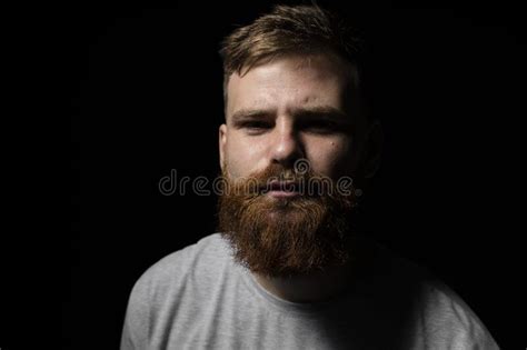 Close Up Portrait Of A Handsome A Brunette Brutal Bearded Man In A Grey