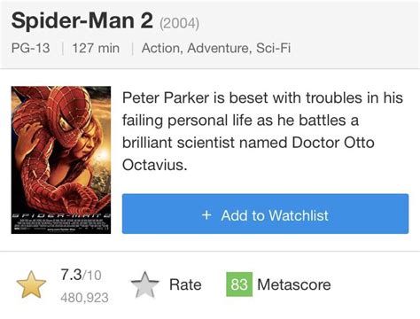Imdb has rated them all, and the best of the bunch stand right at the top for a reason. LETS MAKE SPIDERMAN 2 ONE OF THE HIGHEST RATED FILMS ON ...