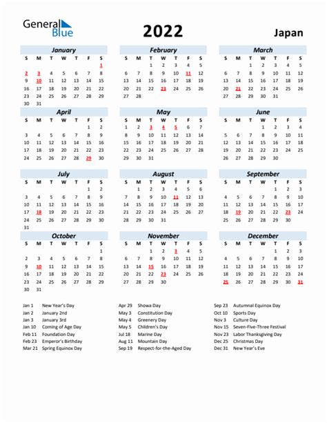 2022 Japan Calendar With Holidays