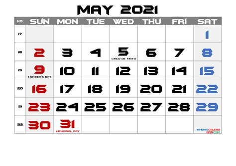 May 2021 Calendar With Holidays Free Letter Templates