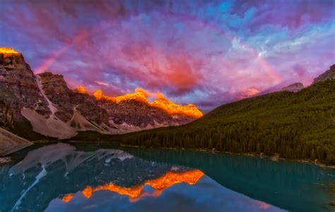 Alberta Canada Forest Lake Landscape Mountain Rainbow Sunset Wallpaper