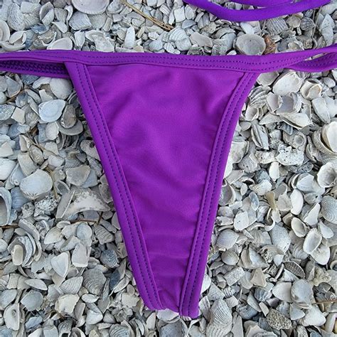 Women Micro Bikini Set Bottom Top Triangle Purple Pattern