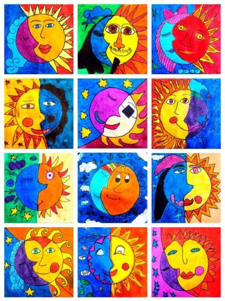 Il se trouve que l'art plastique, ce n'est pas trop mon rayon, donc n'attendez pas une super programmation, ni des trucs extraordinaires… prénom et symétrie. La lune et le soleil | Art à la maternelle, Art ce2, Cours d'art