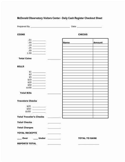 Printable Cash Drawer Count Sheet ~ Excel Templates