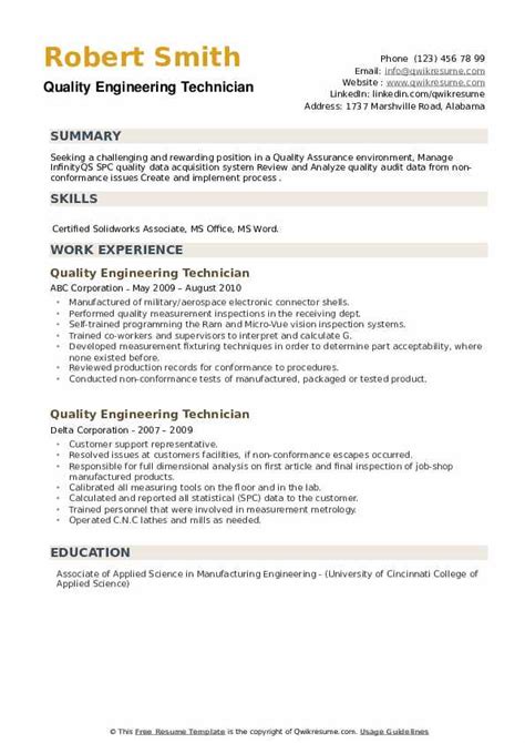 > word resume cv template engeneering technician. Quality Engineering Technician Resume Samples | QwikResume
