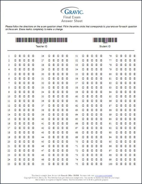 Answer Sheet 1 100 Printable