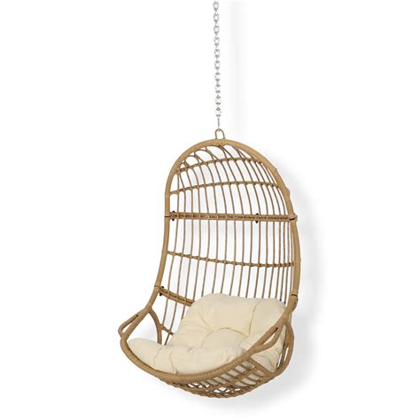 Noble House Meridan Wicker Rattan Hanging Chair With Cushion Beige